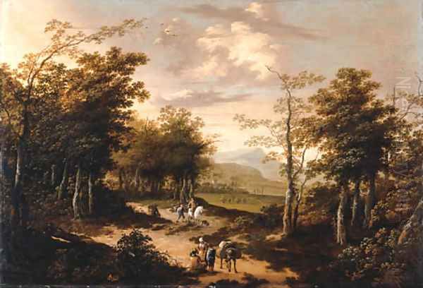 An extensive wooded landscape with travellers on a path Oil Painting by School Of Haarlem