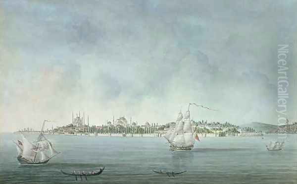 View of Sultan Ahmet and Santa Sophia from Uskudar in Constantinople Oil Painting by Jean-Baptiste Hilaire