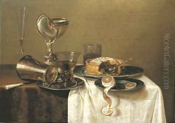 An overturned silver tumbler and a roemer on a pewter plate, a facon-de-Venise wineglass, a nautilus cup, a pie and a partly-peeled lemon Oil Painting by Gerrit Willemsz. Heda