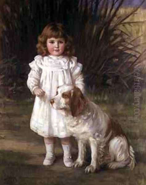 Portrait of a girl in a white dress with a dog Oil Painting by Helen Howard Hatton