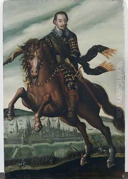 Portrait of Gustavus Adolphus II King of Sweden on horseback in the Battle of Stralsund Oil Painting by Jacob van der Heyden