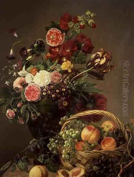 Still Life with Flowers and Fruits in a Basket Oil Painting by Jeanne Marie Josephine Hellemans