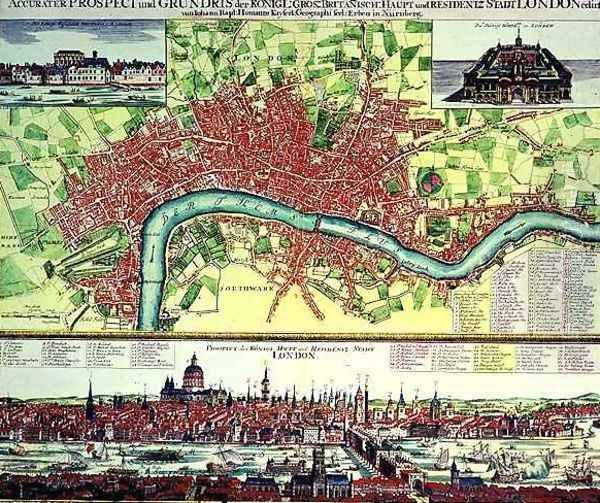 Aerial Map of London and View across the Thames from South Bank with St Pauls and London Bridge Oil Painting by Johann Baptist Homann