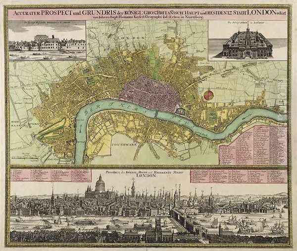 Map and Prospect of London Oil Painting by Johann Baptist Homann