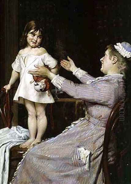 Little Girl with a Doll and Her Nurse Oil Painting by Christian Pram Henningsen