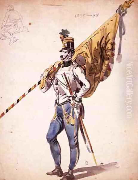 An Officer with a Battalion Colour of a Hungarian Infantry Regiment Oil Painting by Johan Baptiste Heinefetter