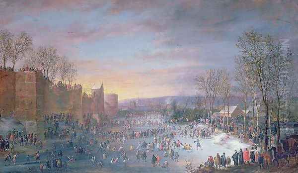 Ice Skating on the Stadtgraben in Brussels Oil Painting by Robert van den Hoecke