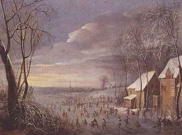 Skating Scene or Snow Effect Oil Painting by Robert van den Hoecke