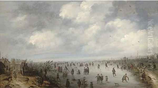 A frozen winter landscape with skaters Oil Painting by Robert van den Hoecke