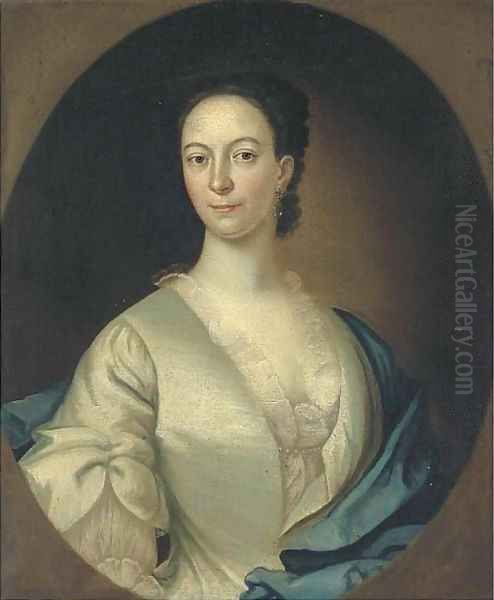 Portrait of a lady, bust-length, in a white dress and blue wrap, feigned oval Oil Painting by Joseph Highmore