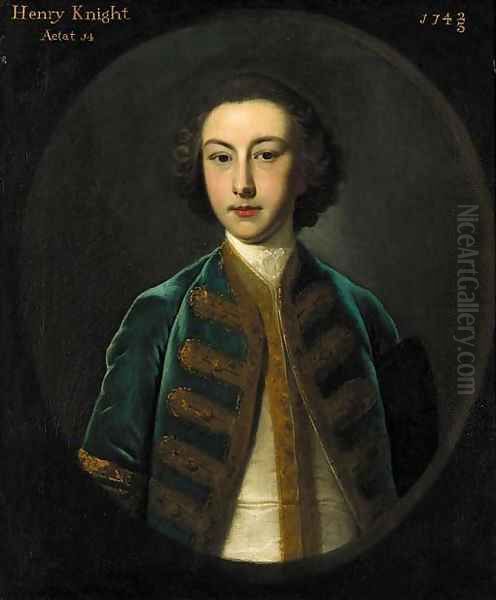 Portrait of Henry Knight aged 14, half-length, in a gold embroidered blue coat and white waistcoat, feigned oval Oil Painting by Joseph Highmore