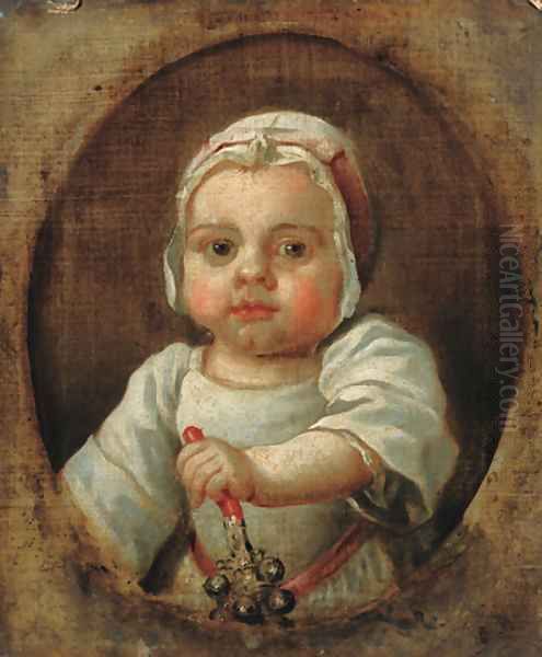 Portrait of a child, traditionally identified as Anne Strode, bust-length, in white dress and bonnet, holding a rattle in her left hand Oil Painting by Joseph Highmore