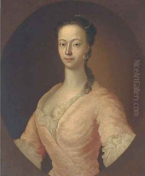 Portrait of a lady, bust-length, in a pink dress and pearl earring, feigned oval Oil Painting by Joseph Highmore