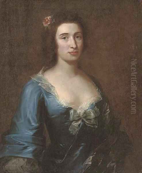 Portrait of a lady, half-length, in a blue dress with lace trim and a bow, flowers in her hair Oil Painting by Joseph Highmore