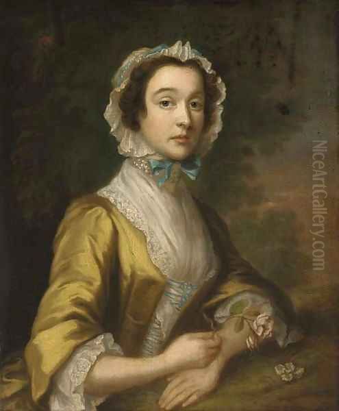 Portrait of a lady, half-length, in a yellow dress and blue-ribboned lace bonnet, holding a rose, in a landscape Oil Painting by Joseph Highmore