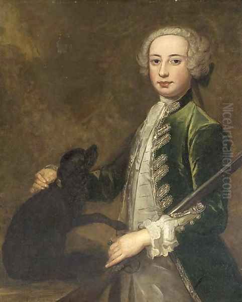 Portrait of a young gentleman, three-quarter-length, in a green coat, holding a gun, with a spaniel Oil Painting by Joseph Highmore