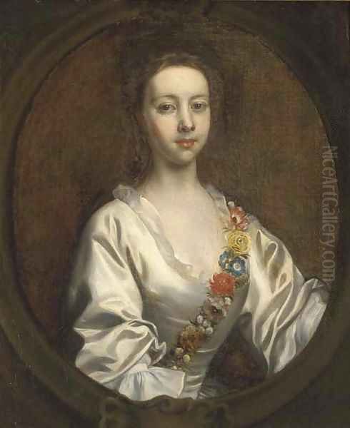 Portrait of Lucia Blithe, bust-length, in a white dress and flower garland, in a feigned cartouche Oil Painting by Joseph Highmore