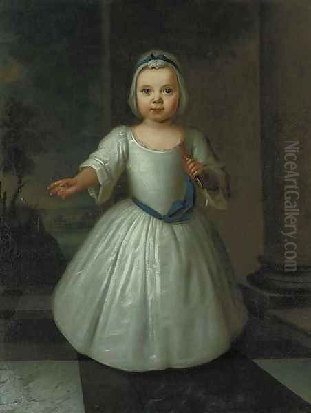 Portrait of Miss D'Aranda as a child, full-length, in a white dress with a blue sash and white bonnet, holding a coral tipped toy in her left hand Oil Painting by Joseph Highmore