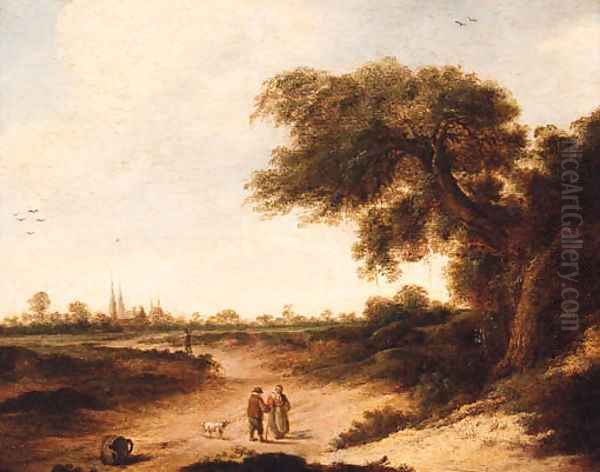 A landscape with a couple on a sandy track, a church beyond Oil Painting by Jan Vermeer Of Haarlem