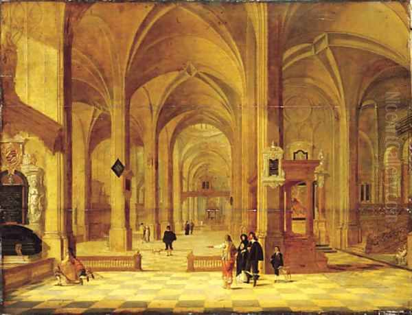 The interior of a church looking east, with elegant company in the foreground Oil Painting by Gerrit Houckgeest