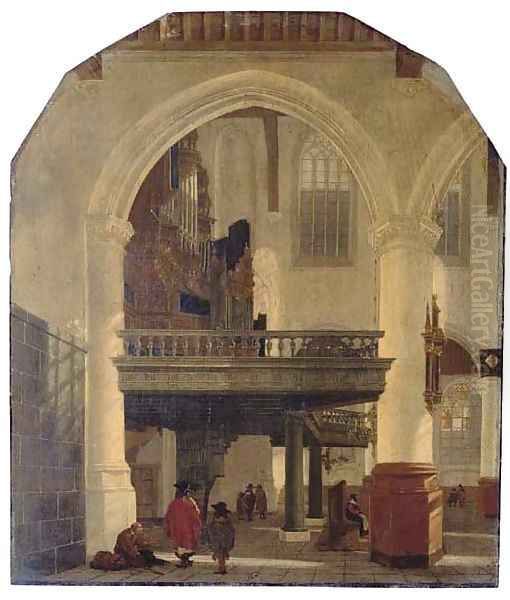 The west end of the Oude Kerk, Delft, from the southern aisle to the north, with the organ loft Oil Painting by Gerrit Houckgeest