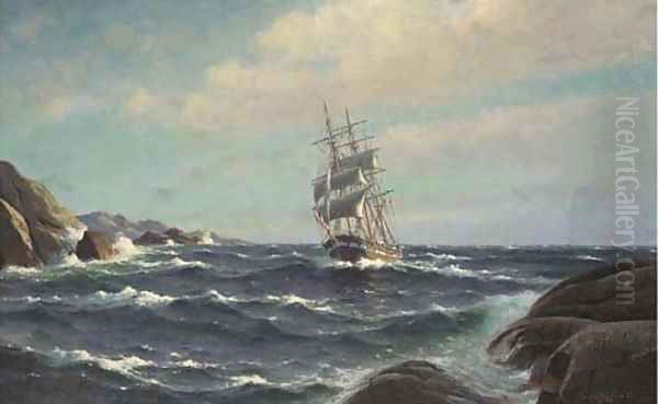 Near the coast in rough seas Oil Painting by Lars Laurits Haaland