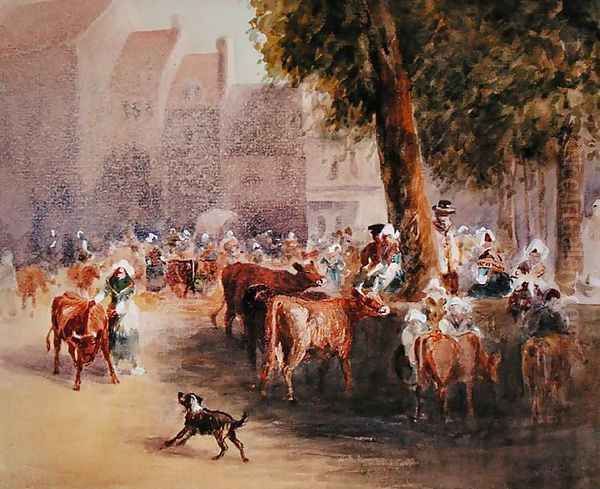 Early Morning in the Village Cattle Market Oil Painting by William Hunt