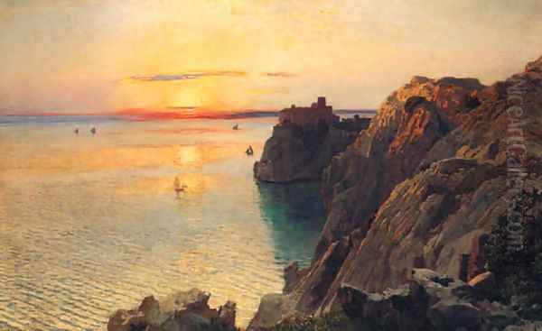 A Coastal Landscape With A Castle At Sunset, Trieste Oil Painting by Anton Hlavacek