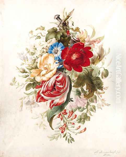 A spray of flowers, including a tulip, roses, poppies, morning glory, a hollyhock and ivy attached to a nail, with a snail and ants Oil Painting by Herman Henstenburgh