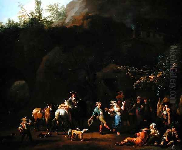 Cavernous Landscape with Peasants Oil Painting by or Huchtenburgh, Jan van Huchtenberg