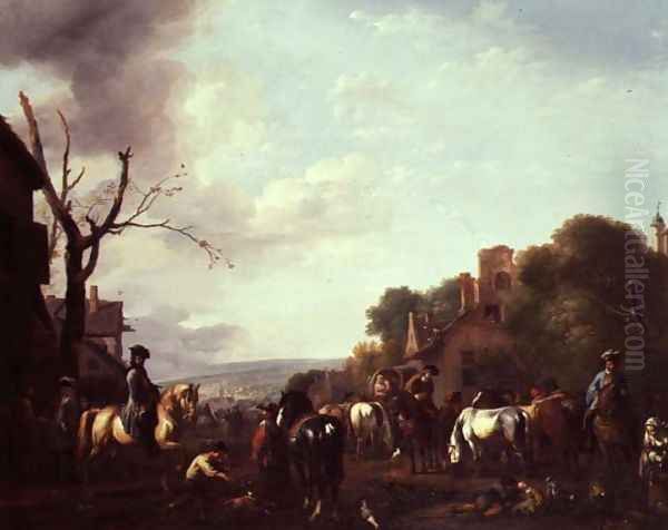 Horsemen and Travellers halted in a village Oil Painting by or Huchtenburgh, Jan van Huchtenberg