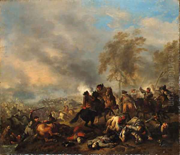 A cavalry engagement near a town Oil Painting by or Huchtenburgh, Jan van Huchtenberg