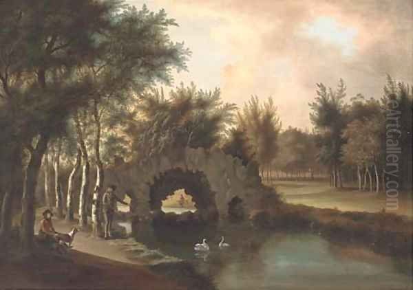 Sportsmen by a river in a wooded landscape Oil Painting by Paul Huysmans