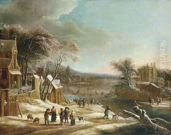 A winter landscape with villagers conversing on a path Oil Painting by Theodore van Heil