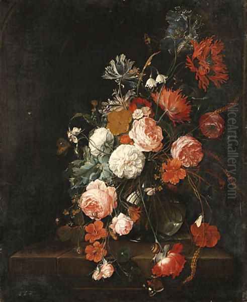 Roses, Poppies, Ears of Corn and other Flowers in a glass Vase, with Snails, a Moth, a Spider and a Butterfly on a stone Ledge Oil Painting by David Cornelisz. de Heem