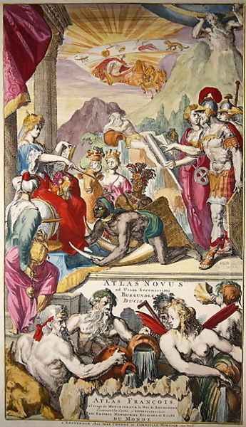 Title page of Atlas Novus ad usum Serenissimi Burgundiae Ducis depicting Europa receiving tribute from the peoples of Asia Africa and America Oil Painting by Romeyn de Hooghe