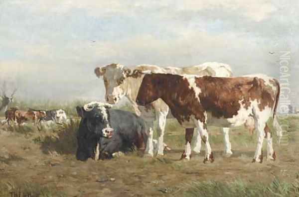 Cows along a ditch Oil Painting by Johannes-Hubertus-Leonardus de Haas