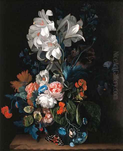 Lilies, roses, carnations and other flowers in a glass vase on a stone ledge with a butterfly Oil Painting by Justus van Huysum