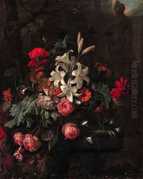 Roses, lilies, a poppy, morning glory and other flowers in a basket on on a ledge partly draped with a carpet Oil Painting by Justus van Huysum