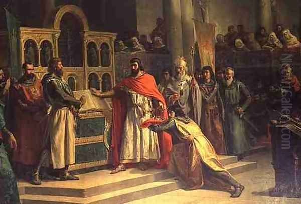 The Oath of Santa Gadea El Cid Campeador extracts an oath from Alfonso VI the King of Castille that in the Year 1072 he had no part in the murder of his brother Sancho II Oil Painting by Marcos Hiraldez de Acosta