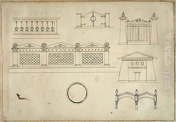 Designs for Gates Walls and Balustrade from Twenty one pen drawings of Decorative Details in Antique Style Oil Painting by Thomas Hope