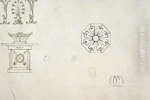 Design for moulded work decoration from Twenty one pen drawings of Decorative Details in Antique Style Oil Painting by Thomas Hope