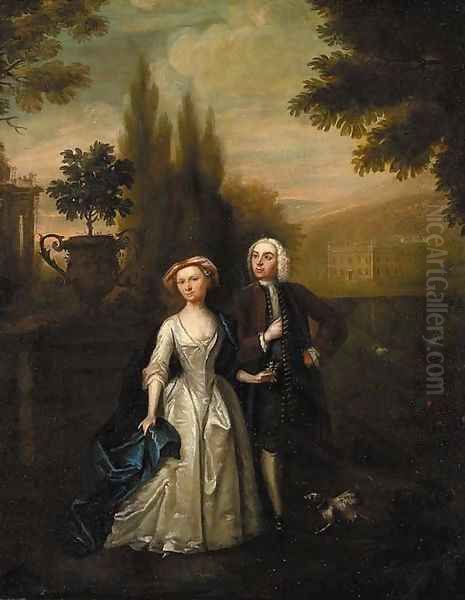 A lady and gentleman in the grounds of a country villa Oil Painting by Francis Hayman