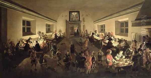 Interior of an Inn with men dining Oil Painting by Wolfgang Heimbach