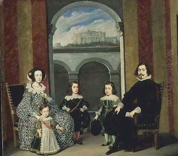 Francesco Tapia Conte del Vasto with his Family seated in an interior of the Palazzo Tapia with a View of the Castello di Sant Elmo Oil Painting by Wolfgang Heimbach