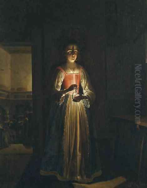 Young woman with an oil lamp Oil Painting by Wolfgang Heimbach