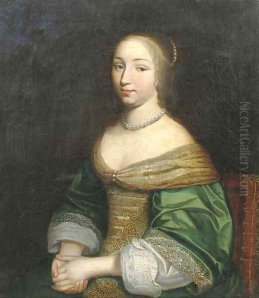 Portrait of a young lady, seated half-length, in a green and gold embroidered dress, with a pearl necklace Oil Painting by Adriaen Hanneman