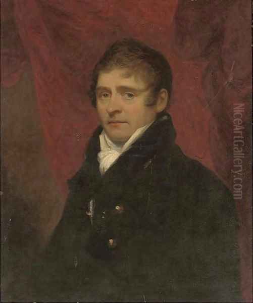 Portrait of Archibald Little of Shabden Park, Surrey, bust-length, in a black coat before a red curtain Oil Painting by Howard, H.