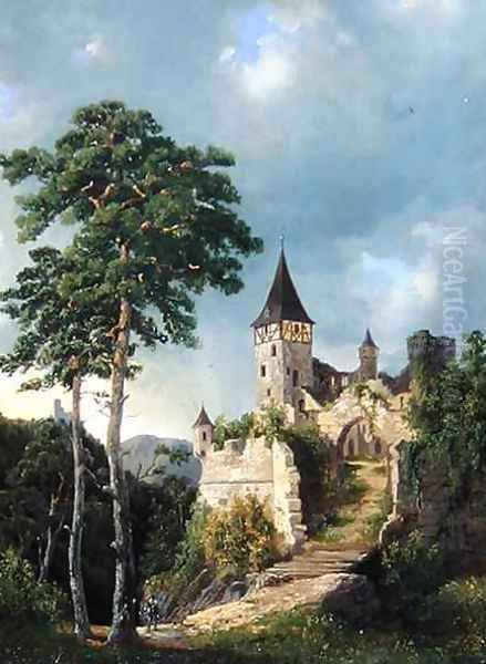 Castle in the Mountains Oil Painting by Adolf Rudolf Holtzhaub