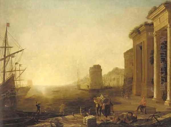 A coastal inlet with moored shipping and stevedores on a quay Oil Painting by Marie-Louise de Hapsburg-Lorraine